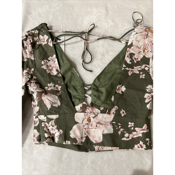 Zara Floral Lace-Up Crop Top XS Green & Pink Linen Blend - Picture 6 of 10